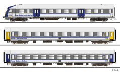 Tillig 01087 - TT - 3-tlg. Set Personenwagen mit Steuerwagen Nord-Ostsee-Bahn, NOB, Ep. VI - DC-Digital<br><br>Ei